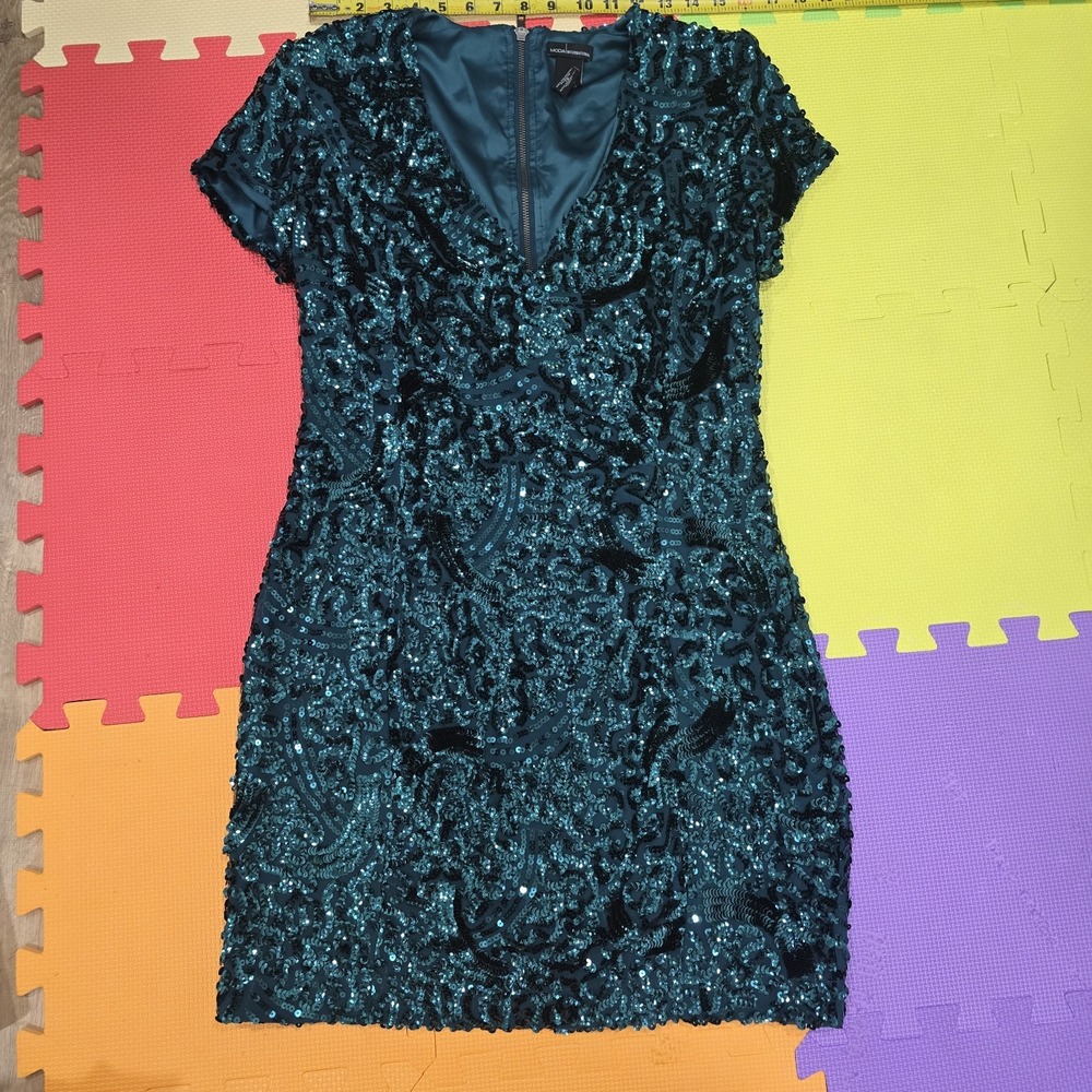 Moda International Sequin Mini Dress‎ Size 12 Teal Green Peacock Sparkle Party